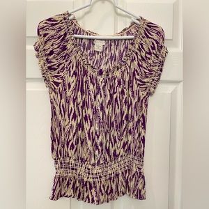 Ikat design Purple and cream short sleeve blouse